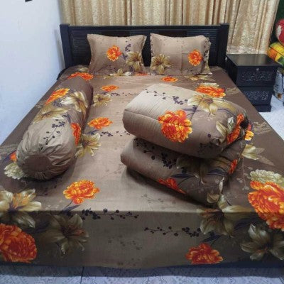 Premium 5-Piece Twill Cotton Comforter Combo Set - King Size Elegant Coffee Brown & Orange Floral Bedding (84x90 Inch)