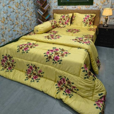 Premium 5-Piece Yellow Floral Twill Cotton Comforter Combo Set - King Size Luxury Bedding for All Seasons (84x90 Inch)