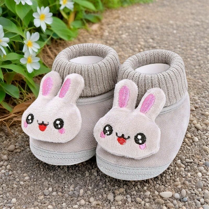 Cute Rabbit Face Soft Fleece Baby Shoes - Elegant Grey Warm Sock-Shoes for 0-12 Months Infants (Premium Quality)