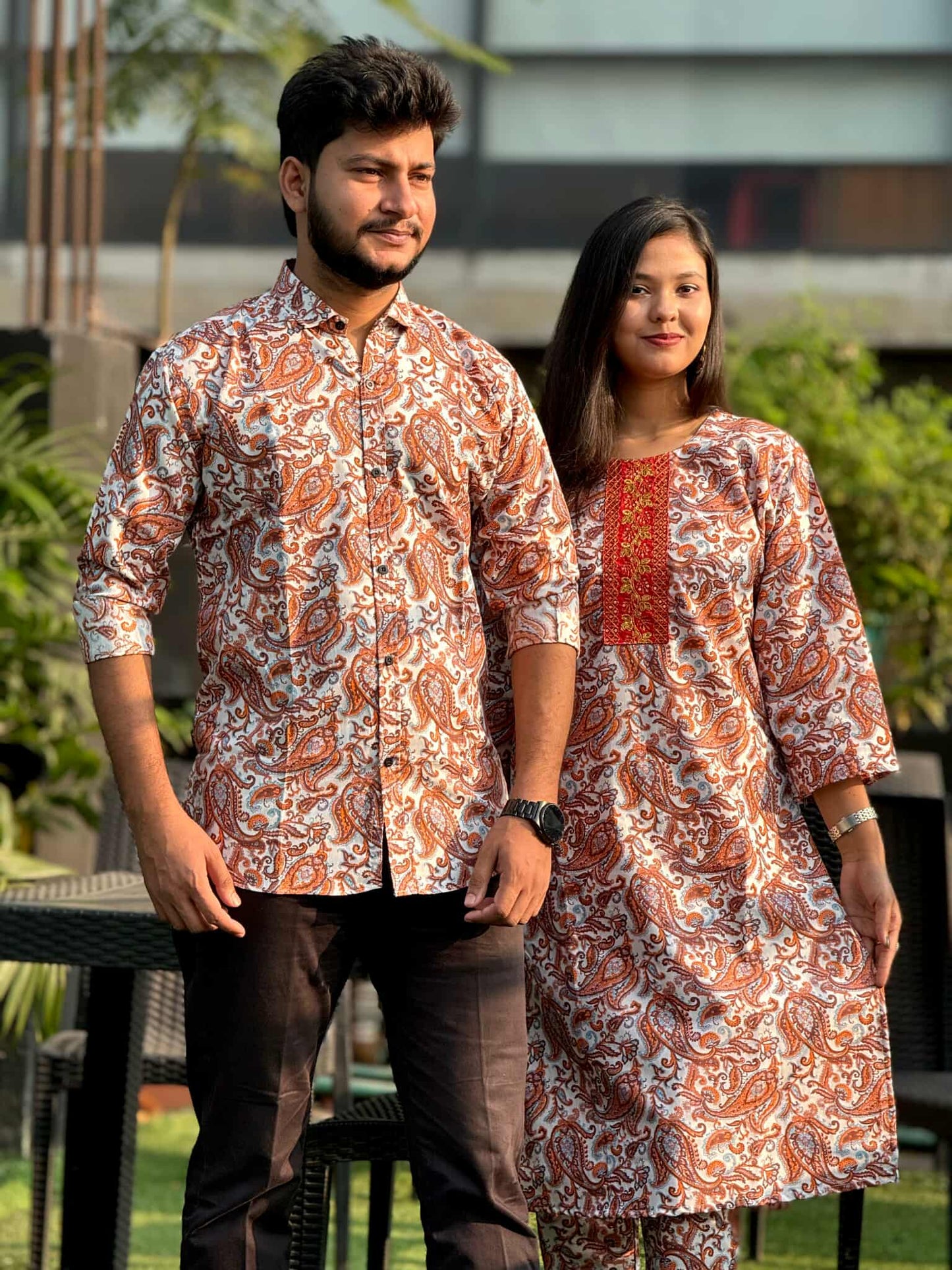 Premium Brown Paisley Matching Couple Combo Set - Fully Stitched Salwar Kameez & Men’s Semi-Fit Shirt (Ready-made)