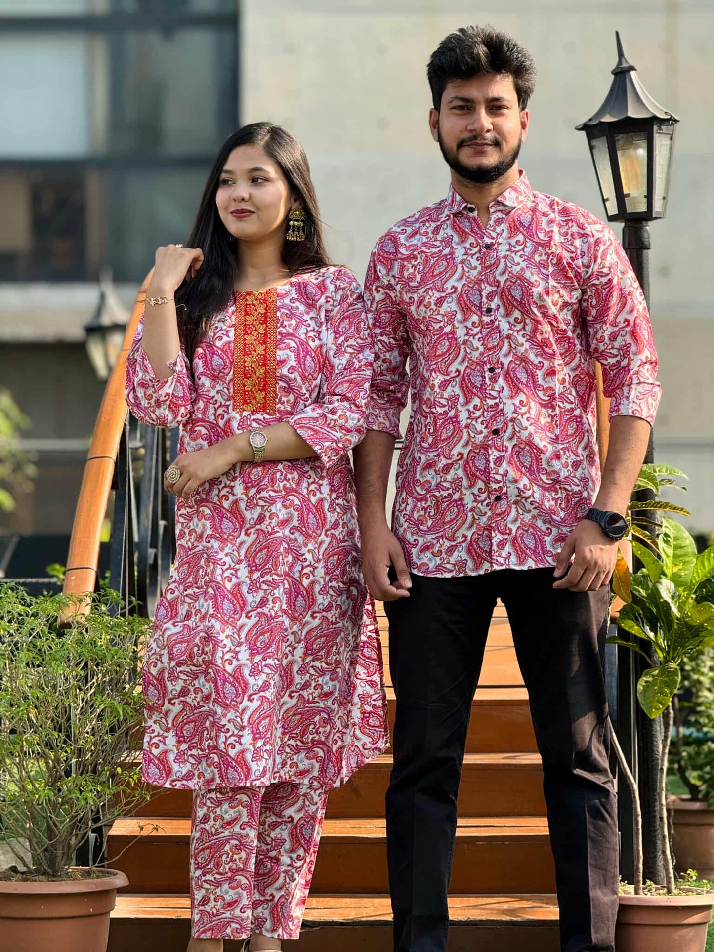Premium Red Paisley Matching Couple Combo Set - Fully Stitched Salwar Kameez & Men’s Semi-Fit Shirt (Ready-made)