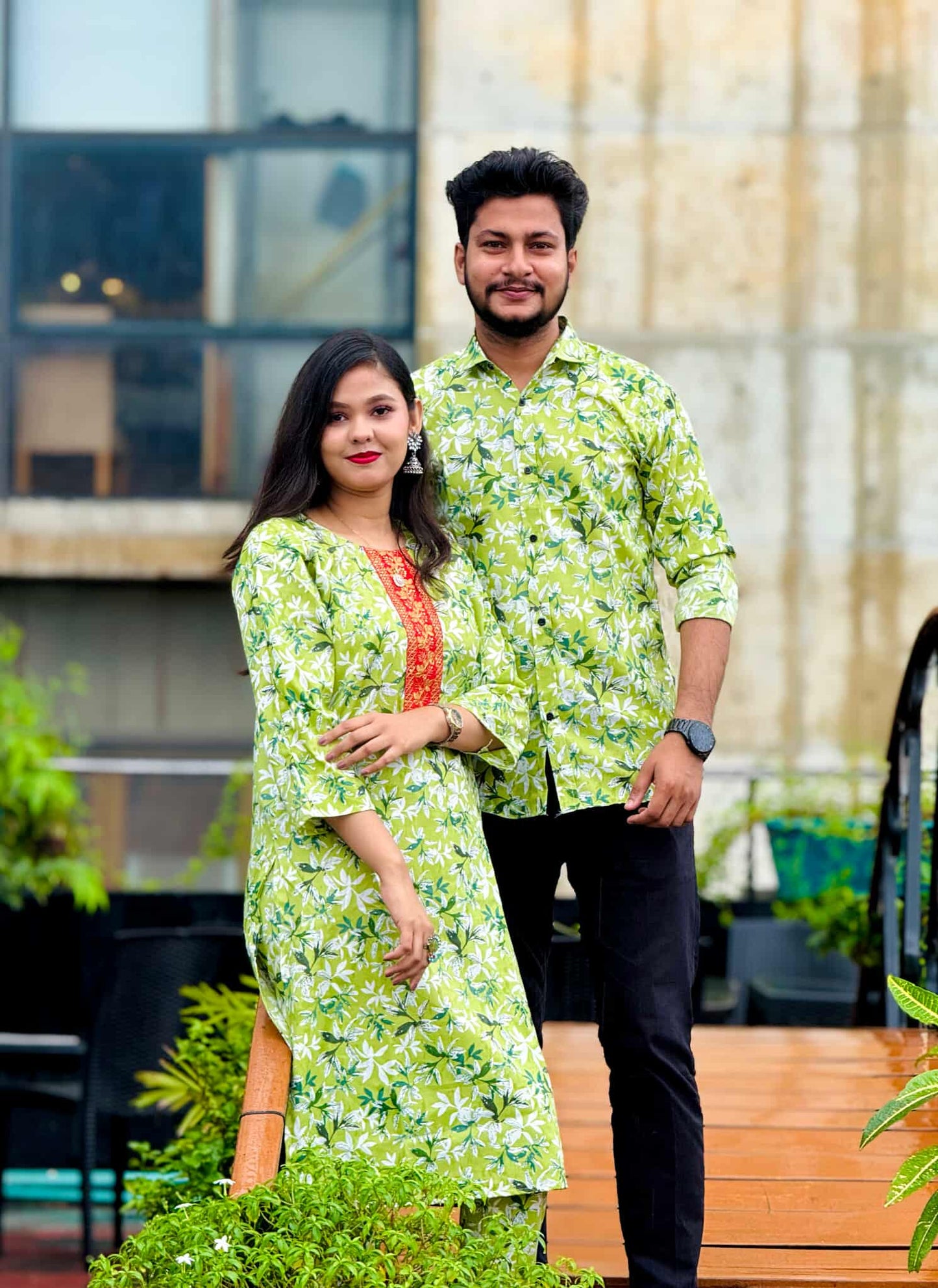 Premium Ready-made Matching Couple Combo Set - Floral Print Salwar Kameez & Men’s Semi-Fit Shirt (Lime Green)
