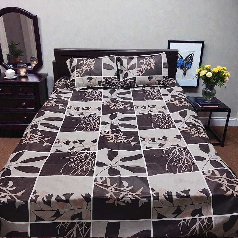 Premium King Size Coffee Brown Grid Bedsheet Set - Durable 80% Cotton Mix Bedding with 4-Piece Complete Set (Color Guarantee)