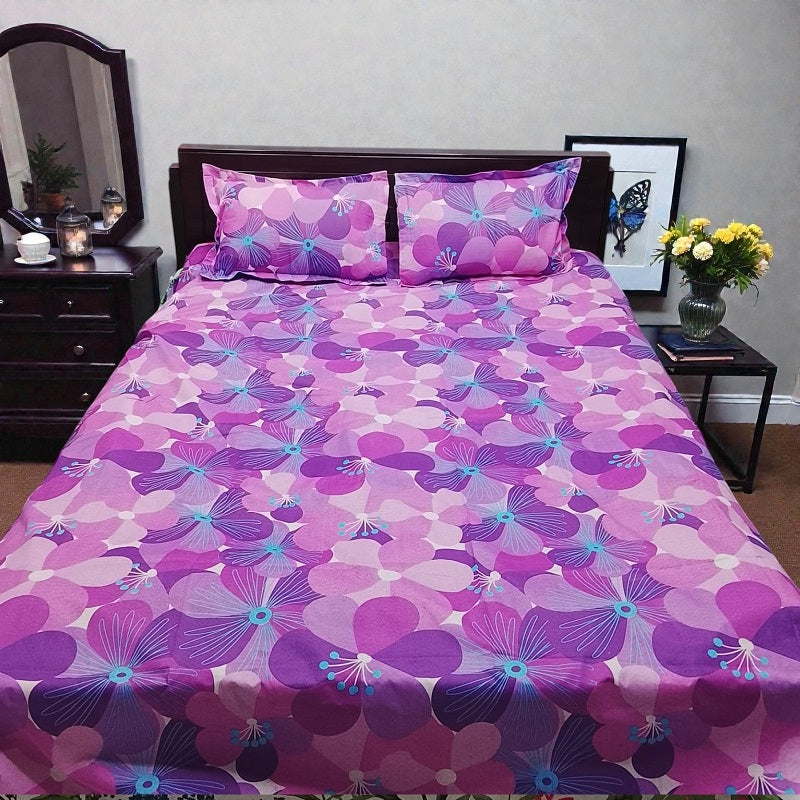 Premium King Size Purple Floral Bedsheet Set - Durable 80% Cotton Mix 4-Piece Bedding with Color Guarantee (7' x 8')
