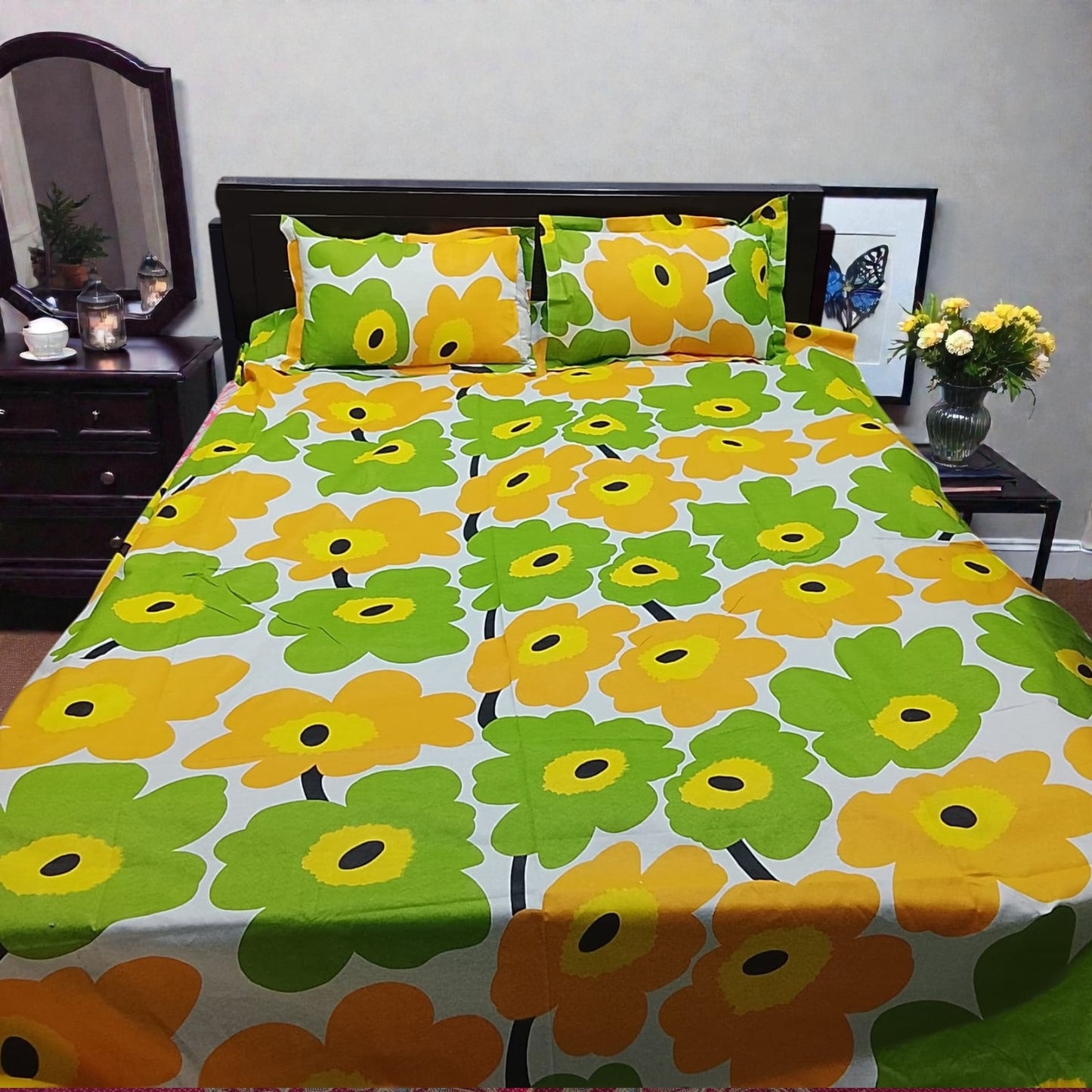 Premium King Size Yellow & Lime Green Floral Bedsheet Set - Durable 80% Cotton Mix 4-Piece Bedding with Color Guarantee (7' x 8')