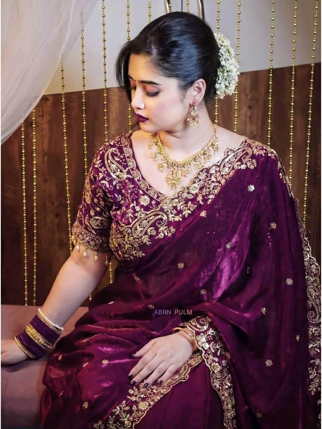 Premium Indian Jimmy Choo Saree in Deep Purple - Heavy Embroidery & Sparkling Sequin Work with Designer Net-Back Blouse