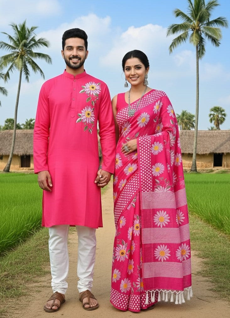 Premium Eid Special Matching Couple Combo Set - Vibrant Pink Half Silk Saree & Dhupian Silk Panjabi with Floral Prints