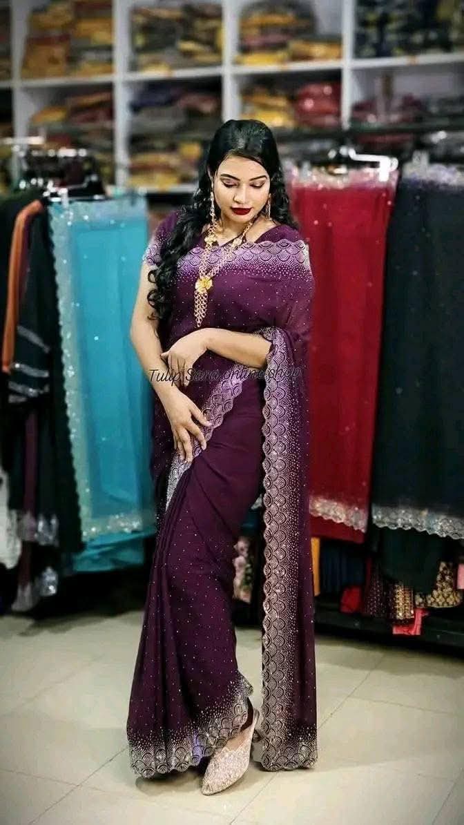 Premium Pure Georgette Saree with Heavy Jarkan Stone Work - Gorgeous Designer Party Wear Saree with Unstitched Blouse Piece