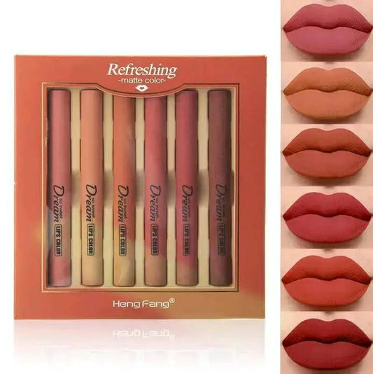 Heng Fang 6-Piece Refreshing Matte Lipstick Set - Long Lasting & Velvet Soft Lip Colors