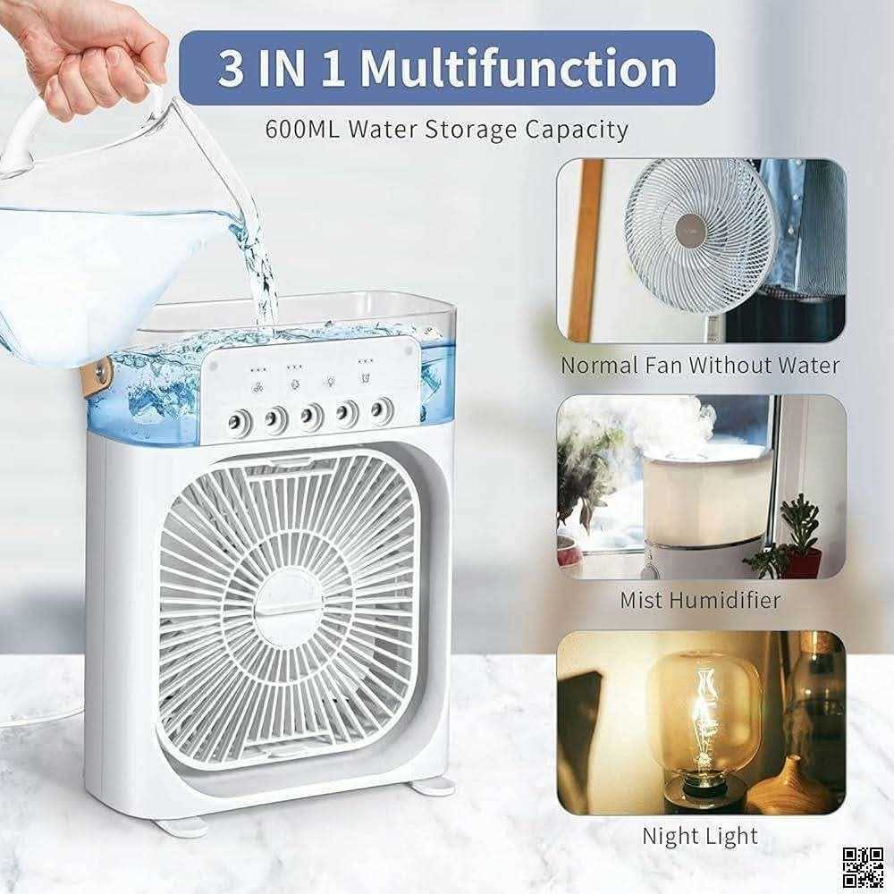 3-in-1 Multifunctional Desktop Air Cooler Fan - 600ml Portable Mist Humidifier with 7 Color LED Night Light
