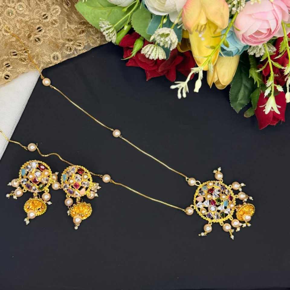 Elegant Traditional Multi-Color Stone & Pearl Necklace Set - Handcrafted Ethnic Jewelry with Matching Earrings