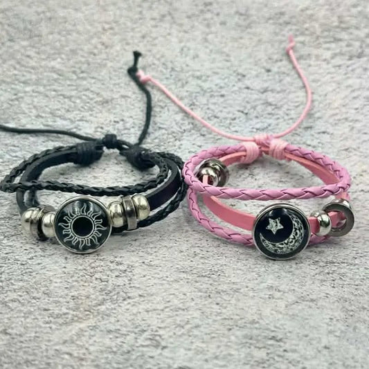 Trendy Sun & Moon Couple Bracelet Set - Premium Braided Leather Matching Bracelets for Lovers (Pink & Black)