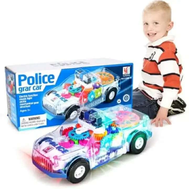 Transparent 3D Gear Police Car Toy for Kids - Battery Operated Electric Car with LED Lights, Music & 360° Rotation