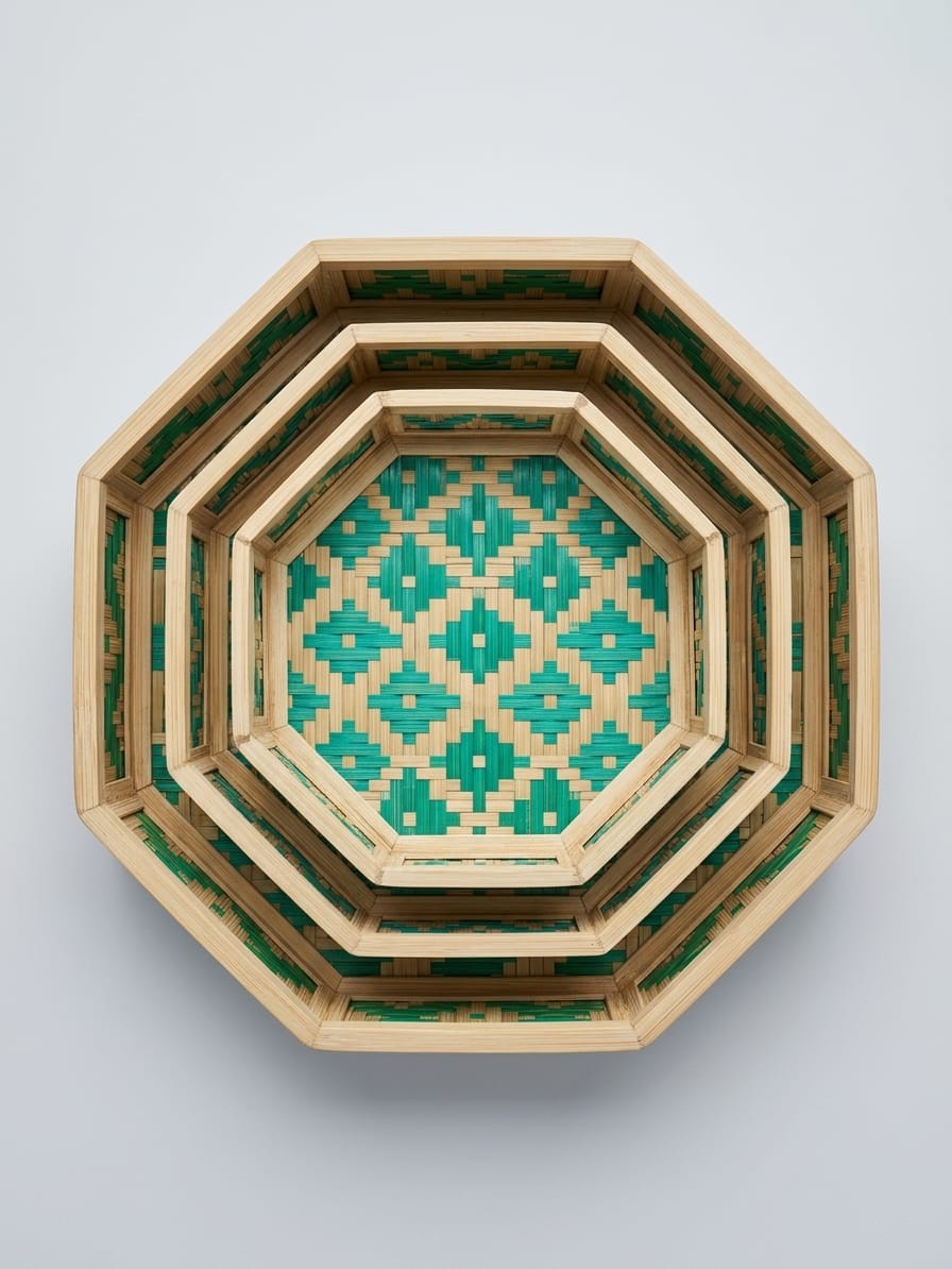 Premium 3-Piece Handmade Woven Bamboo Tray Set - Eco-Friendly Octagonal Nesting Trays with Traditional Teal Patterned Design