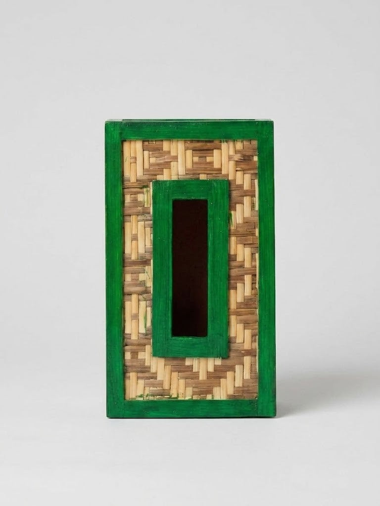Handmade Eco-Friendly Woven Bamboo Tissue Box Holder - Green Border Traditional Decorative Tissue Dispenser for Home & Office