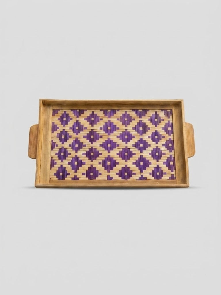 Premium Handmade Purple Woven Bamboo Serving Tray - 10x15 Inch Eco-Friendly Rectangular Tray with Traditional Artistic Pattern