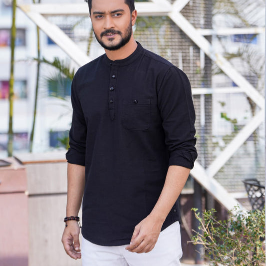 Premium Black Oxford Cotton Casual Katua for Men - Full Sleeve Traditional Fusion Wear for Office & Festive Style