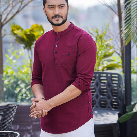 Premium 100% Oxford Cotton Long Sleeve Casual Katua for Men - Stylish Maroon Fusion Wear for Office & Daily Style