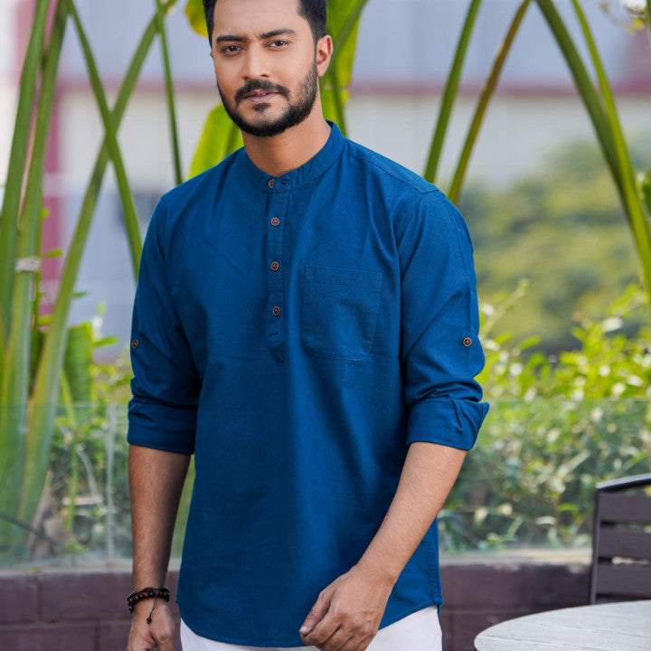 Premium Deep Teal Oxford Cotton Casual Katua for Men - Full Sleeve Traditional Fusion Wear for Office & Everyday Style