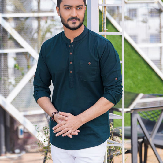 Premium Deep Bottle Green Oxford Cotton Casual Katua for Men - Full Sleeve Traditional Fusion Wear for Office & Festive Style