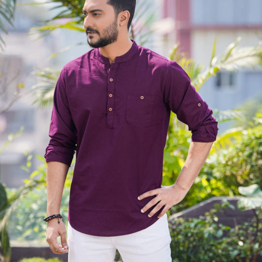 Premium Purple Oxford Cotton Casual Katua for Men - Full Sleeve Traditional Fusion Wear with Smart Semi-Fit Cut