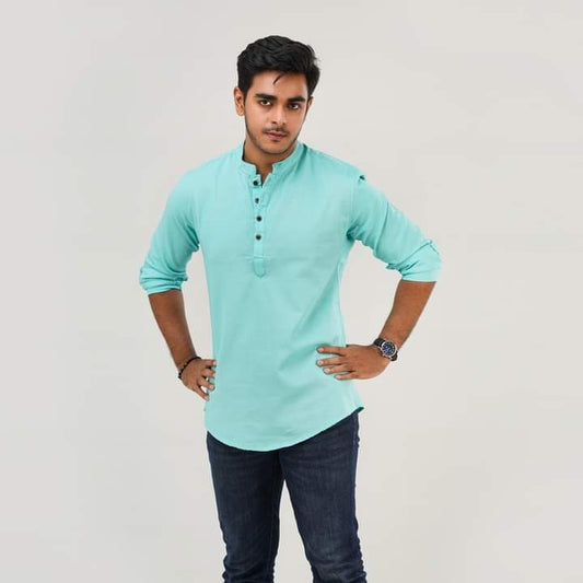 Premium Soft Cotton Casual Katua for Men - Stylish Mint Green Full Sleeve Fusion Wear (Ready-made)