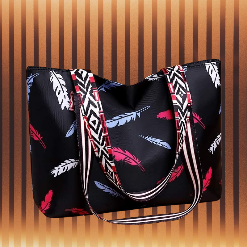 Fashionable Feather Print Waterproof Tote Bag for Women - Premium Oxford Cloth Large Capacity Shoulder Bag with Zipper (11" x 16")