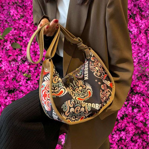 Trendy KERORO Printed Crescent Crossbody Bag - Stylish Half-Moon Shoulder Bag for Women with Adjustable Wide Strap (Bohemian Style)