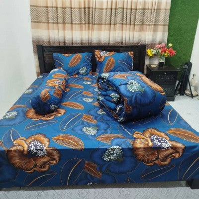 Premium 5-Piece Twill Cotton Comforter Combo Set - King Size Royal Blue & Gold Floral Bedding (84x90 Inch)