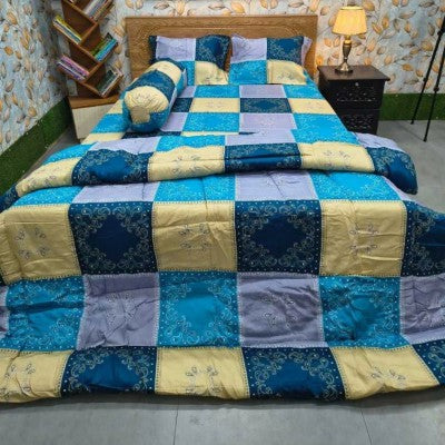 5-Piece Premium Twill Cotton Comforter Combo Set - King Size Blue & Cream Checkered Design (84x90 Inch)
