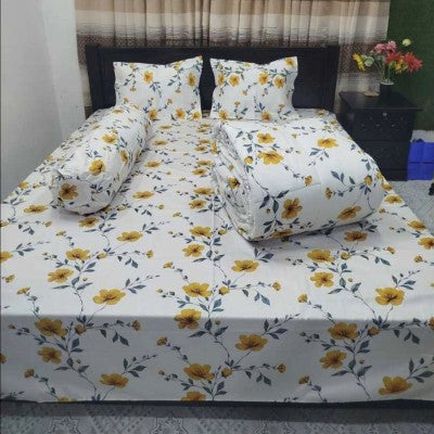 5-Piece Premium White & Yellow Floral Twill Cotton Comforter Combo Set - King Size Luxury Bedding Pack (84x90 Inch)