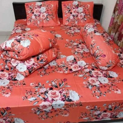 Premium 5-Piece Peach Floral Twill Cotton Comforter Combo Set - King Size Luxury Bedding Pack (84x90 Inch)