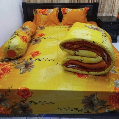 Premium 5-Piece Twill Cotton Comforter Combo Set - King Size Vibrant Mustard Floral Design (84x90 Inch)