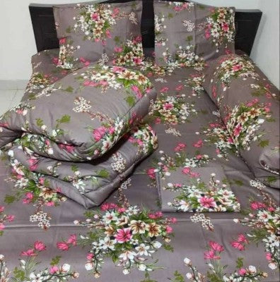 Premium 5-Piece Twill Cotton Comforter Combo Set - King Size Elegant Grey & Pink Floral Bedding (84x90 Inch)