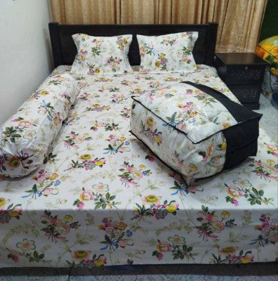 5-Piece Premium Twill Cotton Comforter Combo Set - White Floral Print King Size Bedding (84x90 Inch)