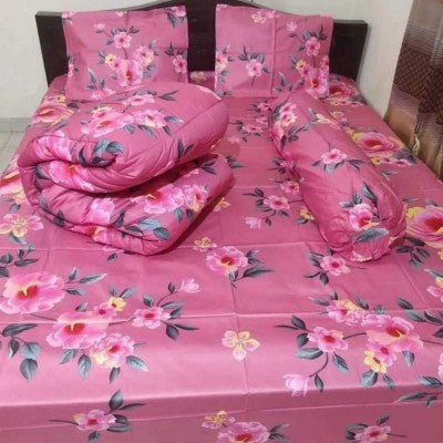 Premium 5-Piece Twill Cotton Comforter Combo Set - King Size Vibrant Pink Floral Bedding Pack (84x90 Inch)
