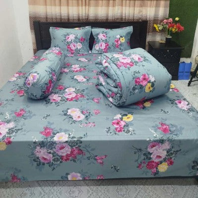 5-Piece Premium Twill Cotton Comforter Combo Set - King Size Light Blue & Pink Floral Bedding (84x90 Inch)
