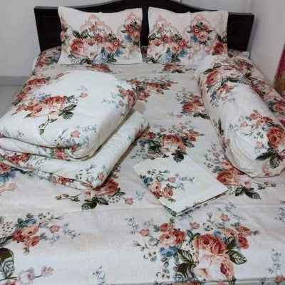 Premium 5-Piece Twill Cotton Comforter Combo Set - King Size Elegant Peach Rose Floral Bedding (84x90 Inch)