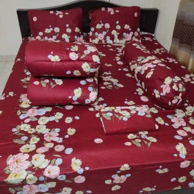 Premium 5-Piece Twill Cotton Comforter Combo Set - King Size Royal Maroon Floral Bedding Pack (84x90 Inch)