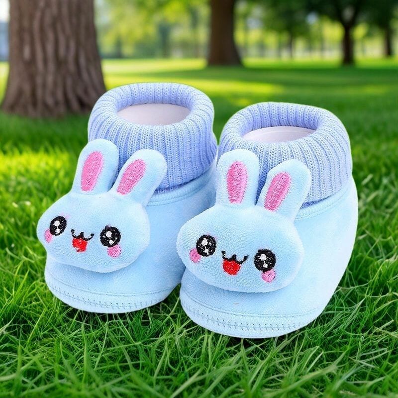 Cute Rabbit Face Soft Fleece Baby Shoes - Sky Blue Warm Sock-Shoes with Elastic Collar for 0-12 Months (Premium Comfort)