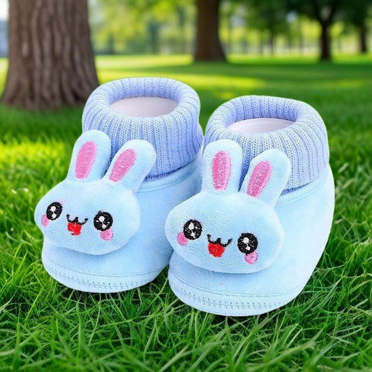 Cute Rabbit Face Soft Fleece Baby Shoes - Sky Blue Warm Sock-Shoes with Elastic Collar for 0-12 Months (Premium Comfort)