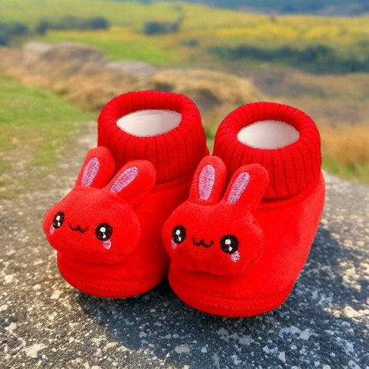 Vibrant Red Rabbit Face Baby Slipper Shoes - Ultra Soft Fleece Warm Sock-Shoes with Snug-Fit Elastic Collar (0-12 Months)