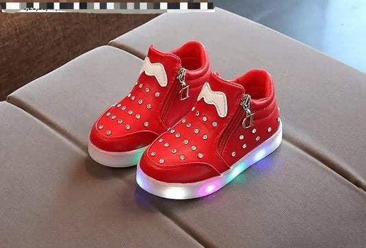 Kids Fashion LED Light-Up Sneakers - Vibrant Red Non-Slip Walking Shoes for Boys & Girls with Side Zipper (Size 21-30)