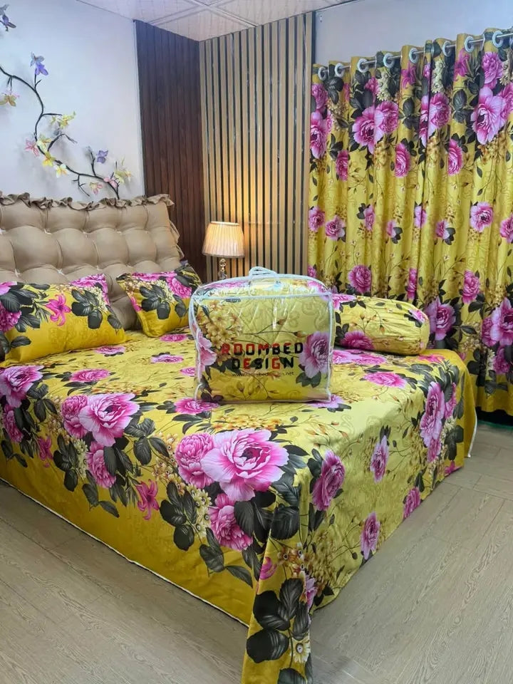 7-Piece Premium King Size Bedding Set with Matching Curtains & Comforter - Complete Yellow Floral Room Decor Kit (Bedsheet, Pillows & Bolster Covers)