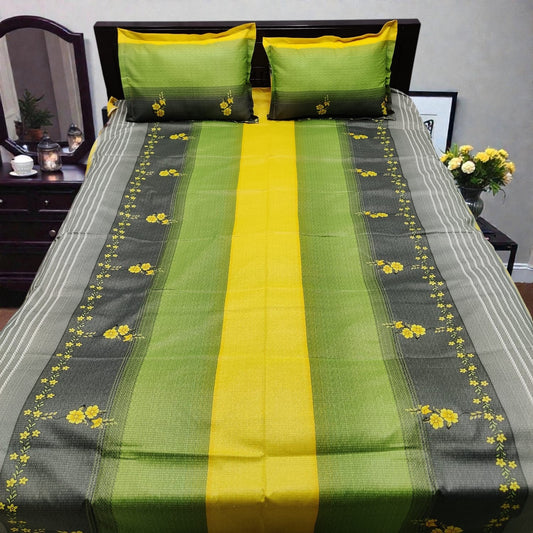 Premium King Size Cotton Mix Bedsheet - Elegant Green & Yellow Striped Floral Design (3-Piece Set with Stitched Pillow Covers)
