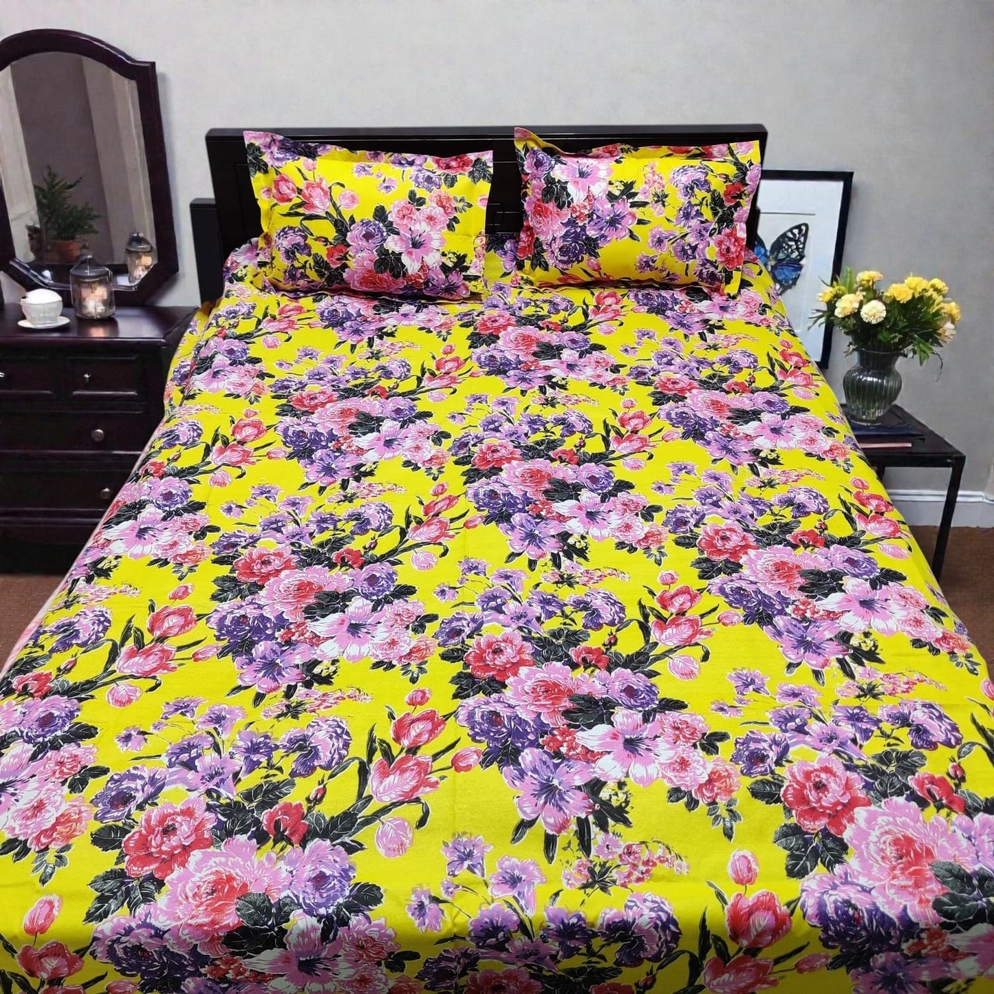 Premium King Size Yellow Floral Bedsheet Set - 80% Cotton Mix Comfortable Bedding with 2 Stitched Pillow Covers (7' x 8')