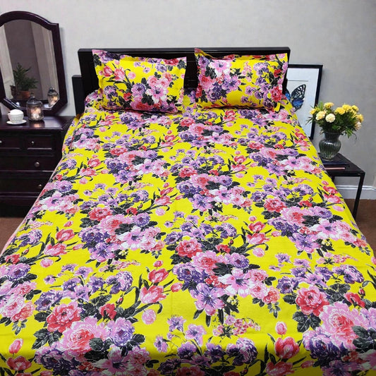 Premium King Size Yellow Floral Bedsheet Set - 80% Cotton Mix Comfortable Bedding with 2 Stitched Pillow Covers (7' x 8')