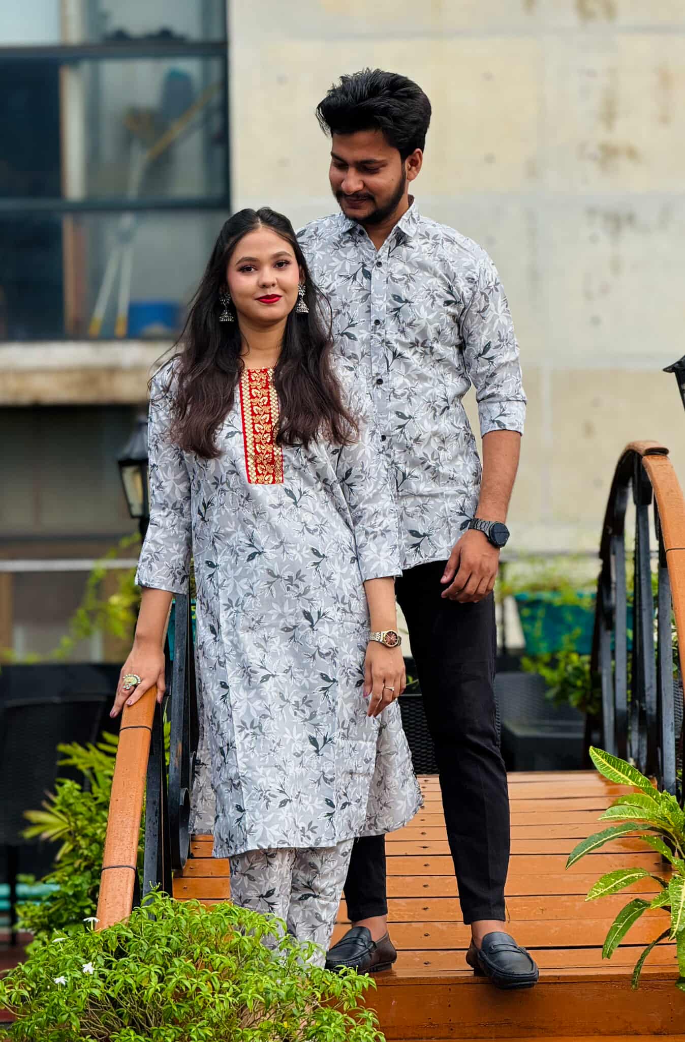 Premium White Floral Matching Couple Combo Set - Fully Stitched Readymade Salwar Kameez & Men’s Semi-Fit Shirt