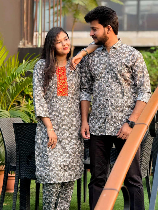 Premium Grey Geometric Print Matching Couple Combo Set - Fully Stitched Readymade Salwar Kameez & Men’s Semi-Fit Shirt
