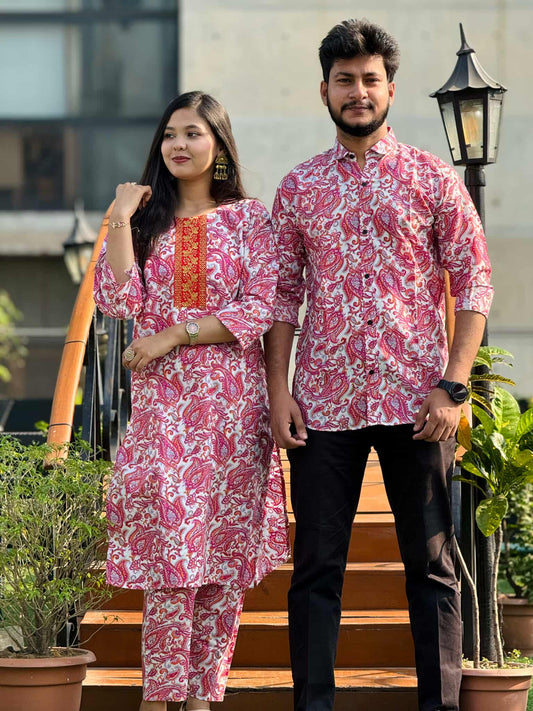 Premium Red Paisley Matching Couple Combo Set - Fully Stitched Salwar Kameez & Men’s Semi-Fit Shirt (Ready-made)